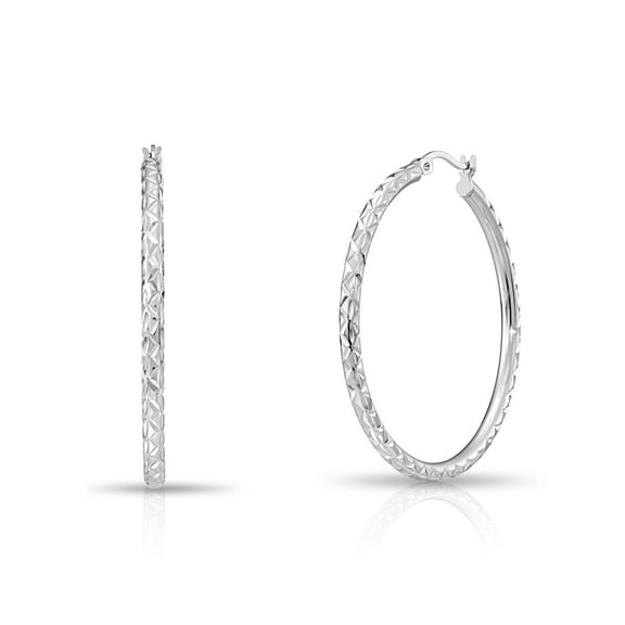 Tilo Jewelry 925 Sterling Silver Diamond-Cut Engraved Round Hoop Earrings for Women & Unisex | 40mm | X-Pattern Design