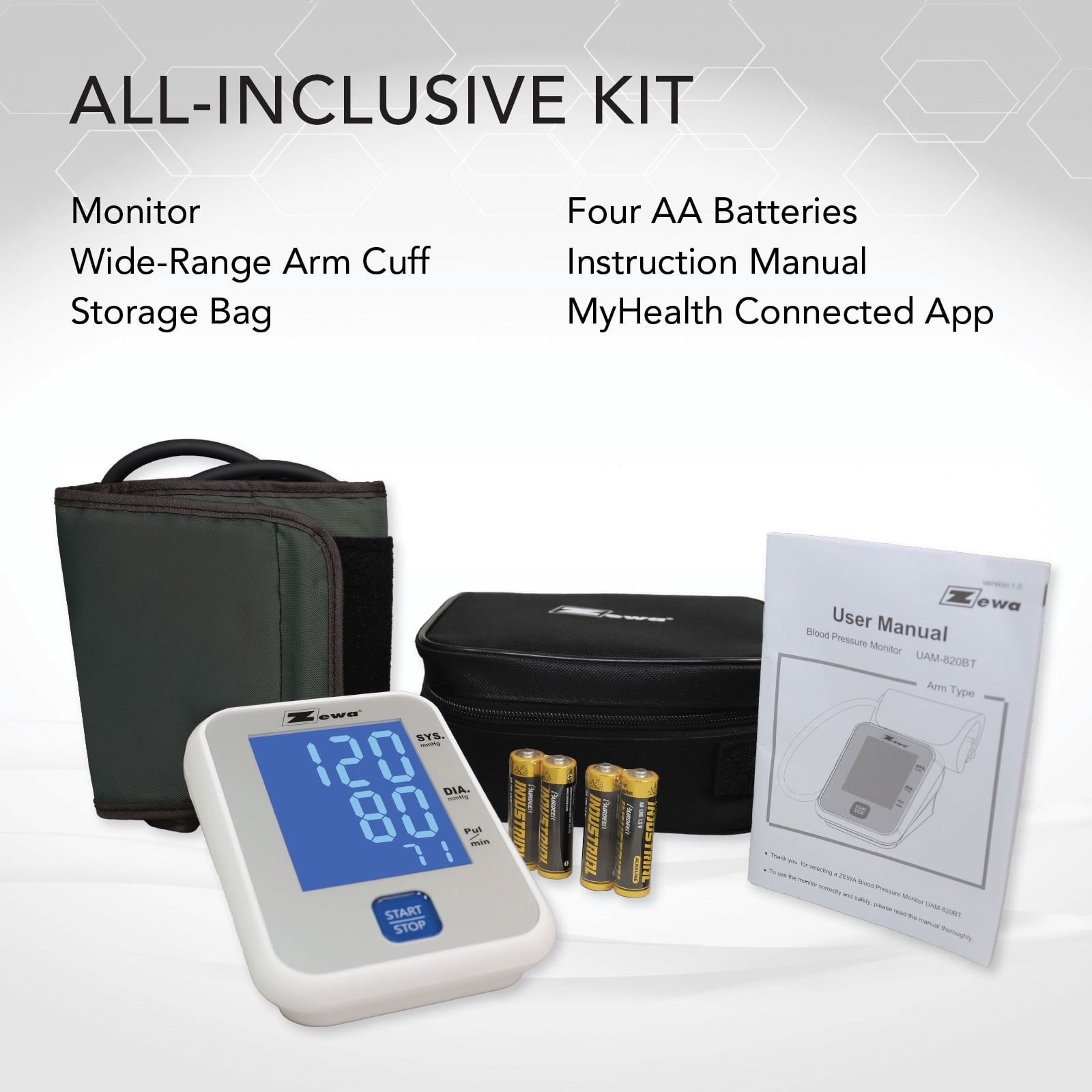 Zewa Bluetooth Arm Blood Pressure Monitor | 60-Reading Memory | Irregular Heartbeat Detection | Illuminated Display | Adjustable Cuff (8.7”-16.5”) | Includes Batteries