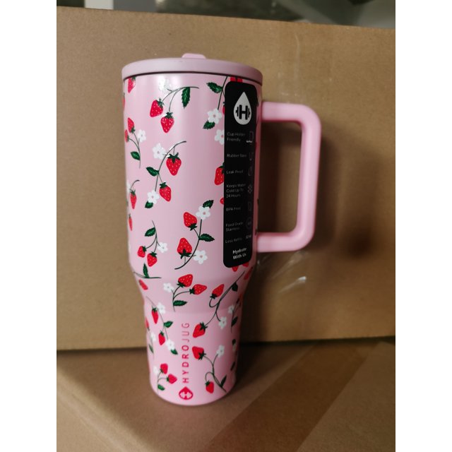 Vaso HydroJug de 32OZ/40OZ, tapa de paja para viajero, taza de coche con aislamiento al vacío de acero inoxidable, viaje térmico helado de doble pared,Pink strawberry,32OZ