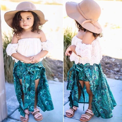 3PCS Baby Girl T-shirt Tops Short Pants Peacock Skirt Party Clothes Outfits  1-6T