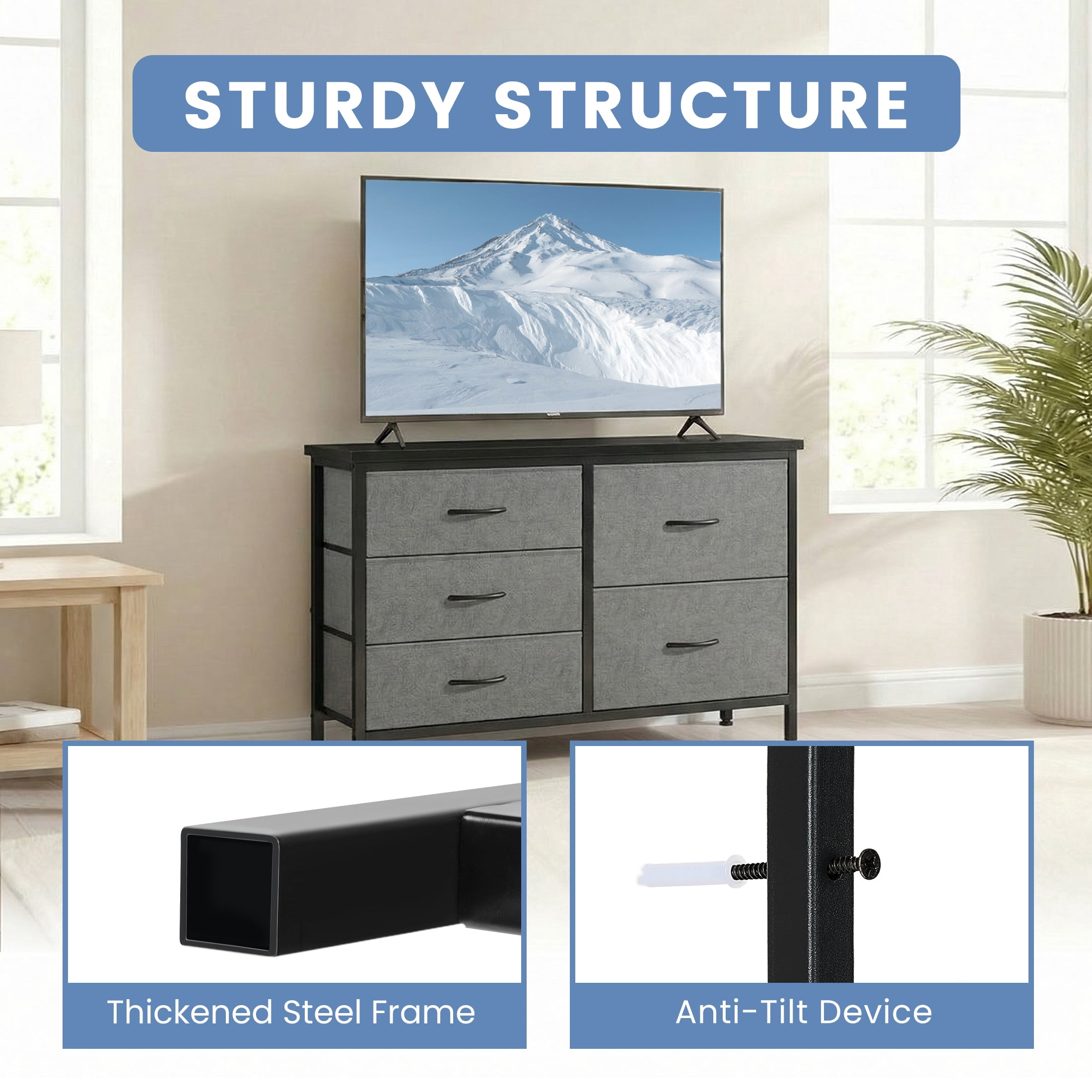edx 5 Drawer Dresser for Bedroom, 39.4" Fabric Chest of Drawers with Wooden Top Metal Frame, Storage Organizer for Closet, Hallway & Living Room, Gray