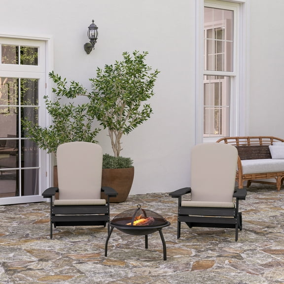 Merrick Lane Set of 2 Black Weather Resistant Folding Adirondack Patio Chairs With Vertical Lattice Backs and Comfort Foam Cushions in Cream