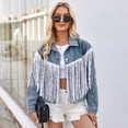 thumbnail image 6 of LYMAYTER Womens Denim Jacket Fall Fringe Washed Cowboy Outwear Female Lapel Long Sleeve Jeans Jacket S-XL, 6 of 8