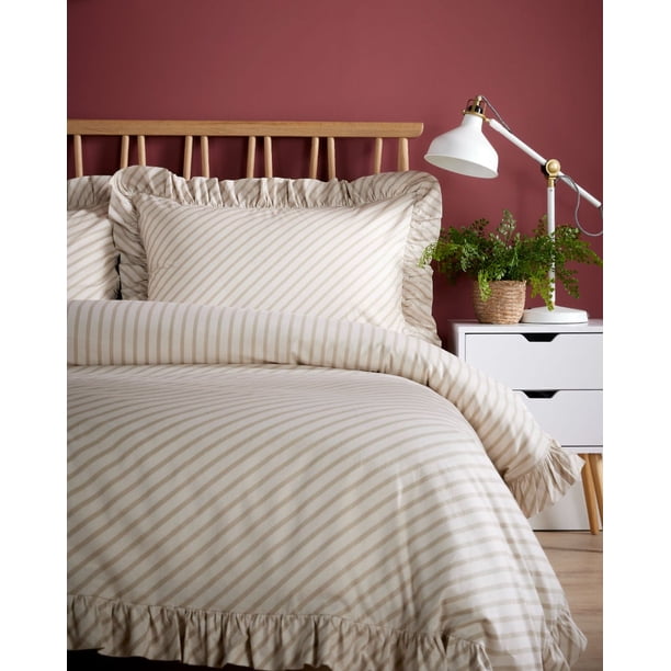 Juego de cama de algodón con estampado de rayas - Beige