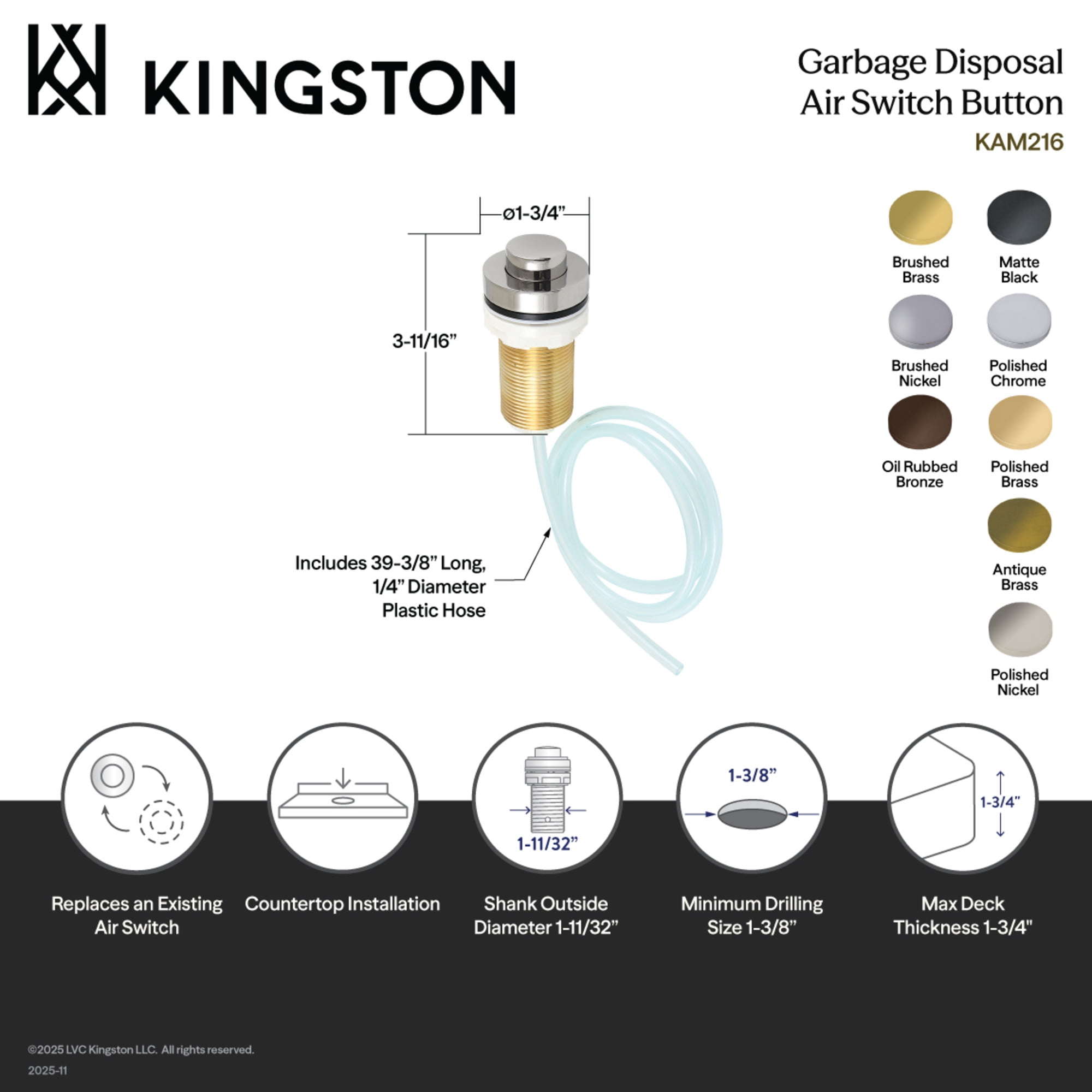 Kingston Brass KAM212 Trimscape Garbage Disposal Air Switch Button in Polished Brass