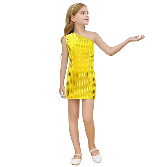 Hifoo Girls Sequin One-Shoulder Mini Sleeveless Dress Round Neck Asymmetric Hem Trendy Kids Christmas Dresses