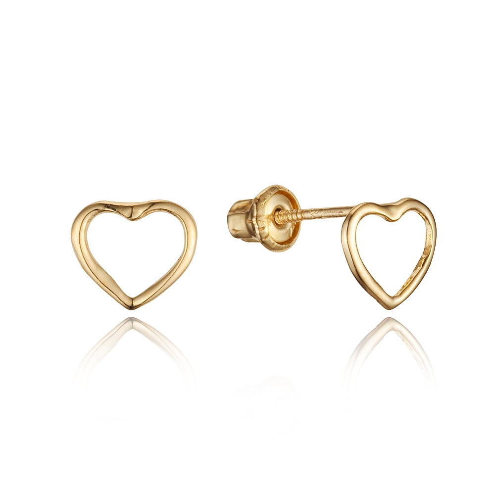 14k Yellow Gold Plain Open Heart Children Screwback Baby Girls Stud