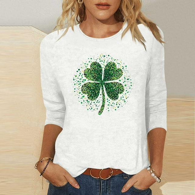 Mceream St Patricks Day Shirt Femmes - Tunique Irlandaise Shamrock Décontractée Vacances Manches 3/4 Col Rond Grande Taille Blouses Habillées Décontractées Blanc G