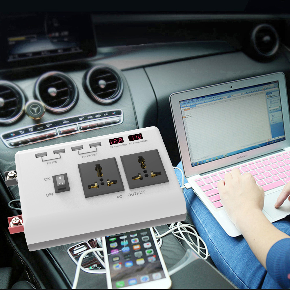 Power Inverter 300W 12V DC to 120V/110V AC with USB Charging Ports and 2 AC Outlets