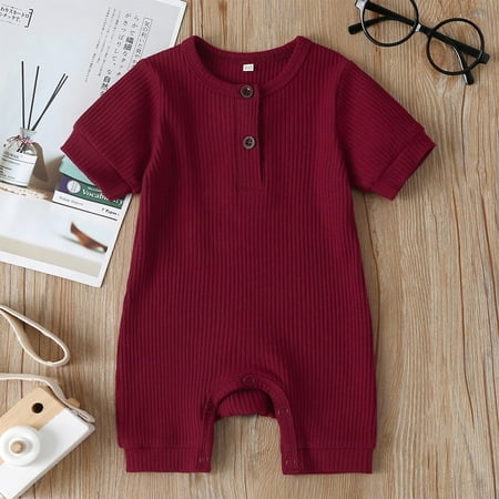 

Calsunbaby Newborn Baby Boys Clothes Outfit Solid Color Knit Rib O Neck Button Romper Cotton Outfits