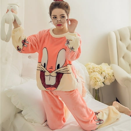 

Autumn Winter Warm Flannel Women Pyjamas Sets Thick Coral Velvet Long Sleeve Cartoon Sleepwear Thin Flannel Pajamas Set