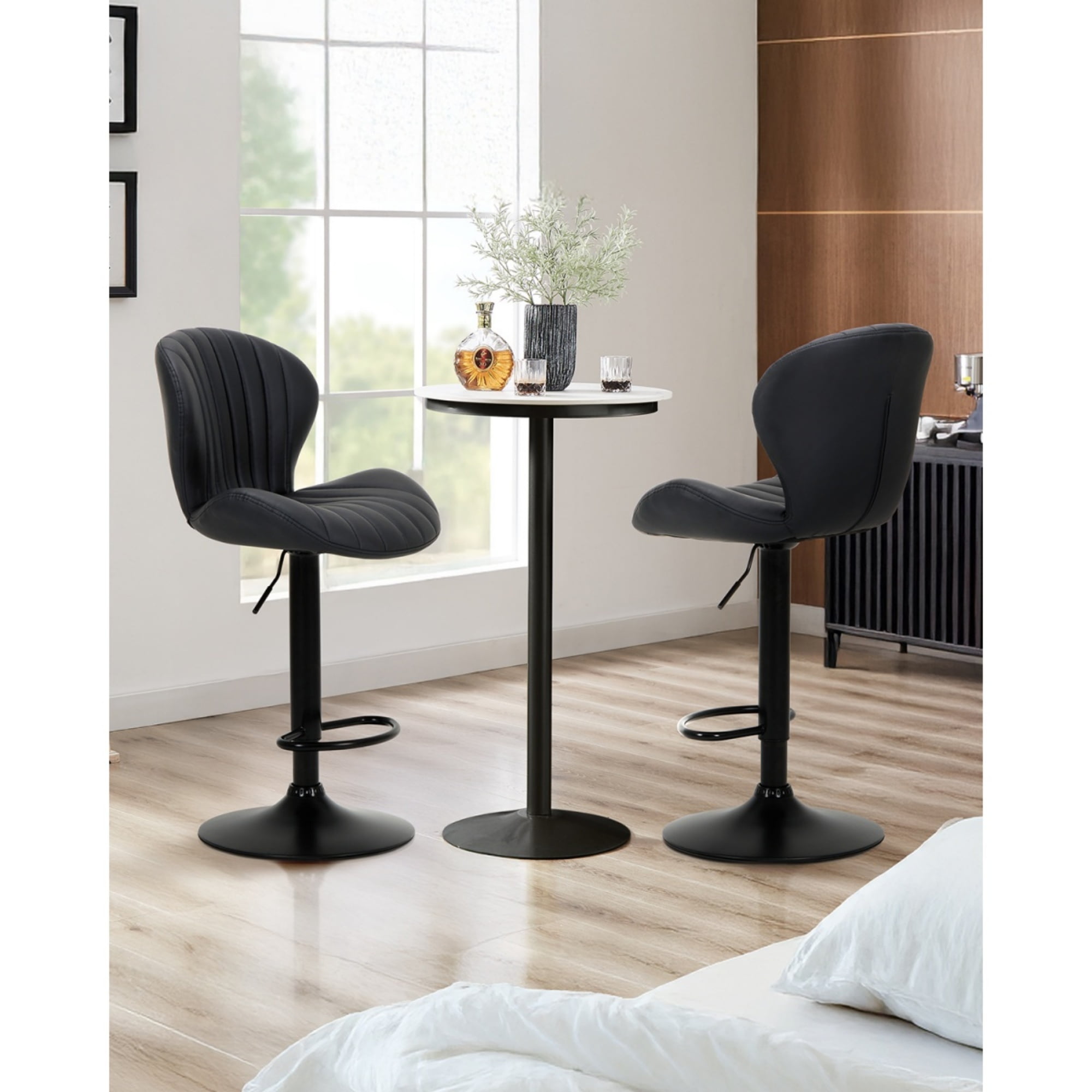 EOP Swivel Bar Stools Set of 4, Modern Upholstered Adjustable Height Counter Stools with Footrest, Faux Leather Upholstered BarStools with Metal Frame, Bar Chairs with Backrest, Black