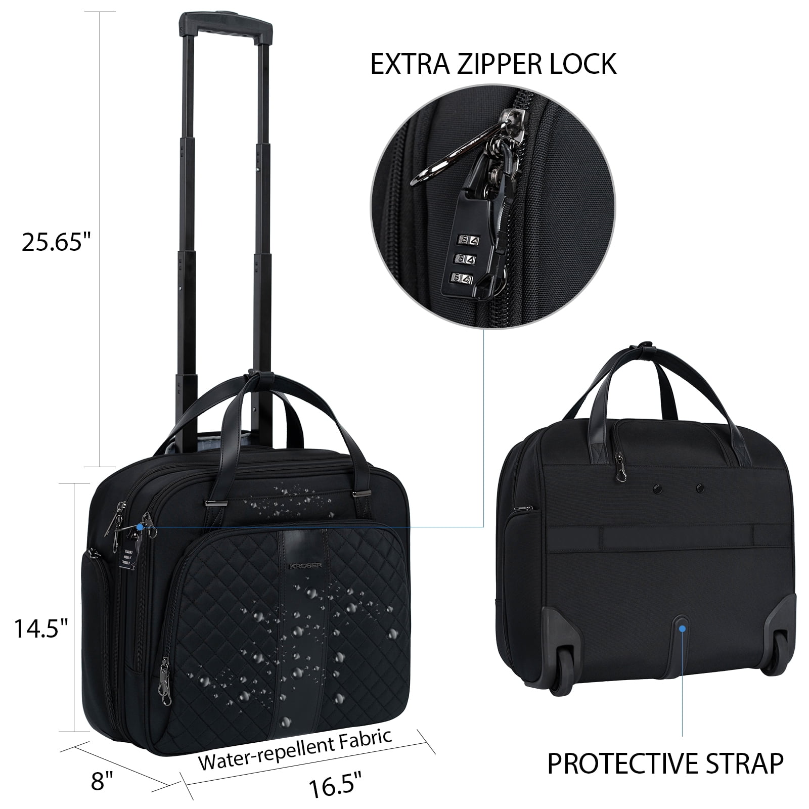 KROSER Rolling Laptop Briefcase, 15.6 Inch Fabric Laptop Bag, Black