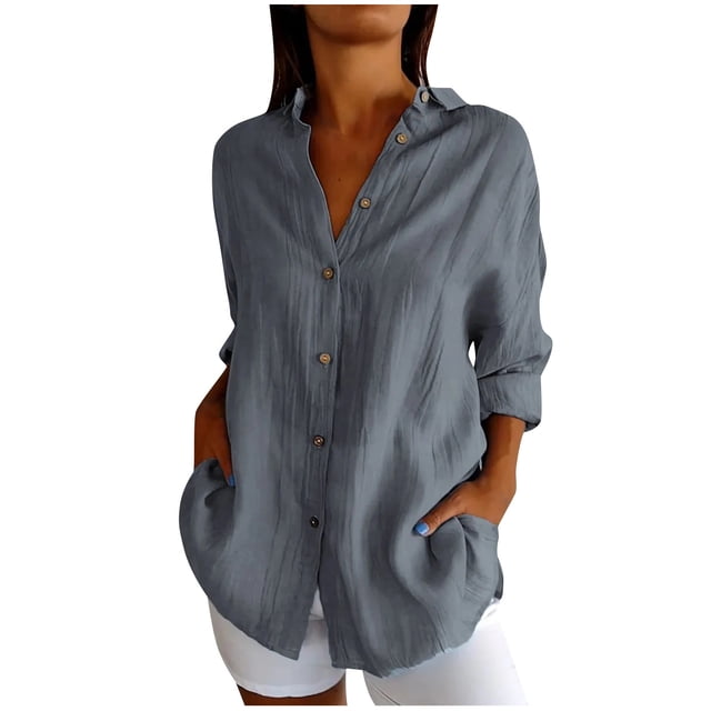Timegard Plus Size Tops for Women Button down Shirts Long Sleeve Lapel V Neck Blouse Lightweight Tops