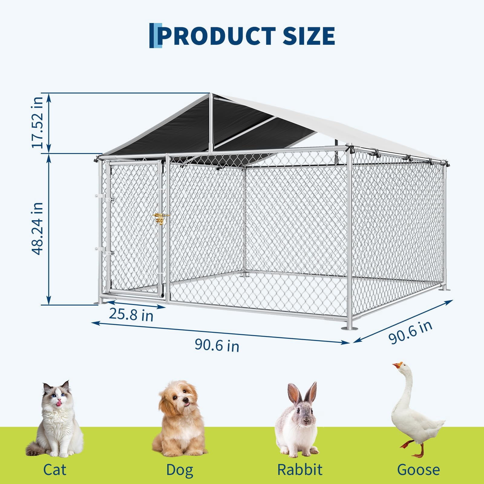 Heavy-Duty Outdoor Dog Kennel & Pet Playpen - Galvanized Steel, Waterproof Roof, 4 Ground Anchors - for Large Dogs, Backyard, Farm 7.5×7.5×5.5FT
