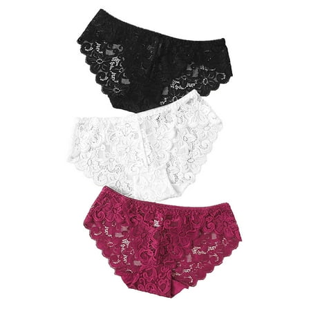 

YUEHAO Womens Underwear 3PC Women Lace Flowers Hollow Underwear Panties Lingerie Thongs (Black)
