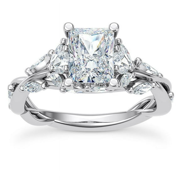 Veda Jewel Twisted Vine Solitaire Lab-Created Ring - 2.04 Ct Lab-Created Radiant Cut with Accent Stone - 14K White Gold Plated Engagement and Wedding Jewelry - Elegant Design for Special Moment