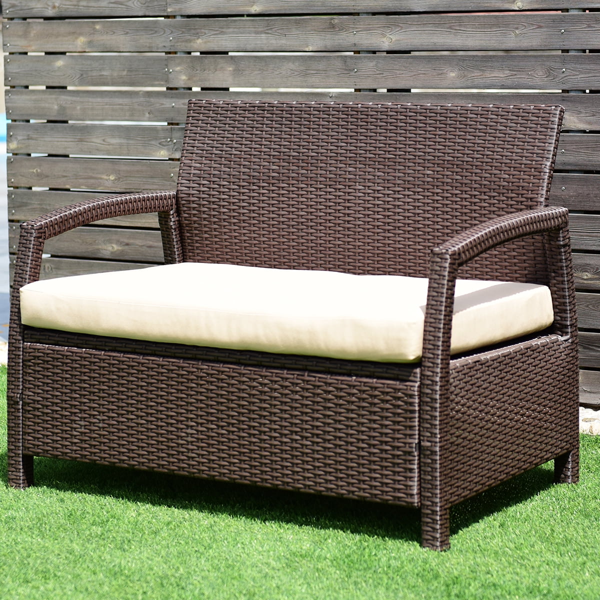 Patio Rattan Loveseat Outdoor Garden Wicker Chair with Cushion