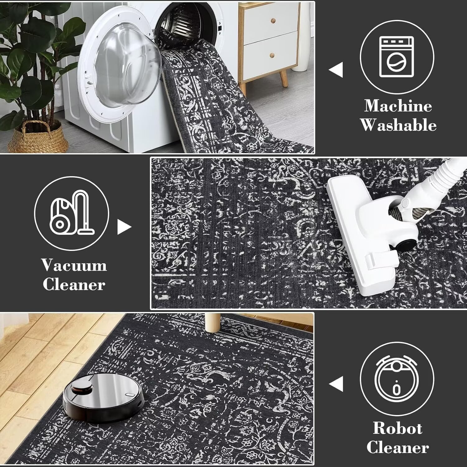 FairOnly 10'x13' Black Area Rugs for Dining Room Vintage Washable Floor Cover Non Shedding Low Pile Carpet for Living Room