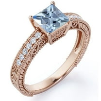 JeenMata Four Prong Cathedral - 1 Carat Princess Cut Created Aquamarine and Moissanite - Milgrain Border - Victorian Pave Engagement Ring - 18K Rose Gold Plating over Silver