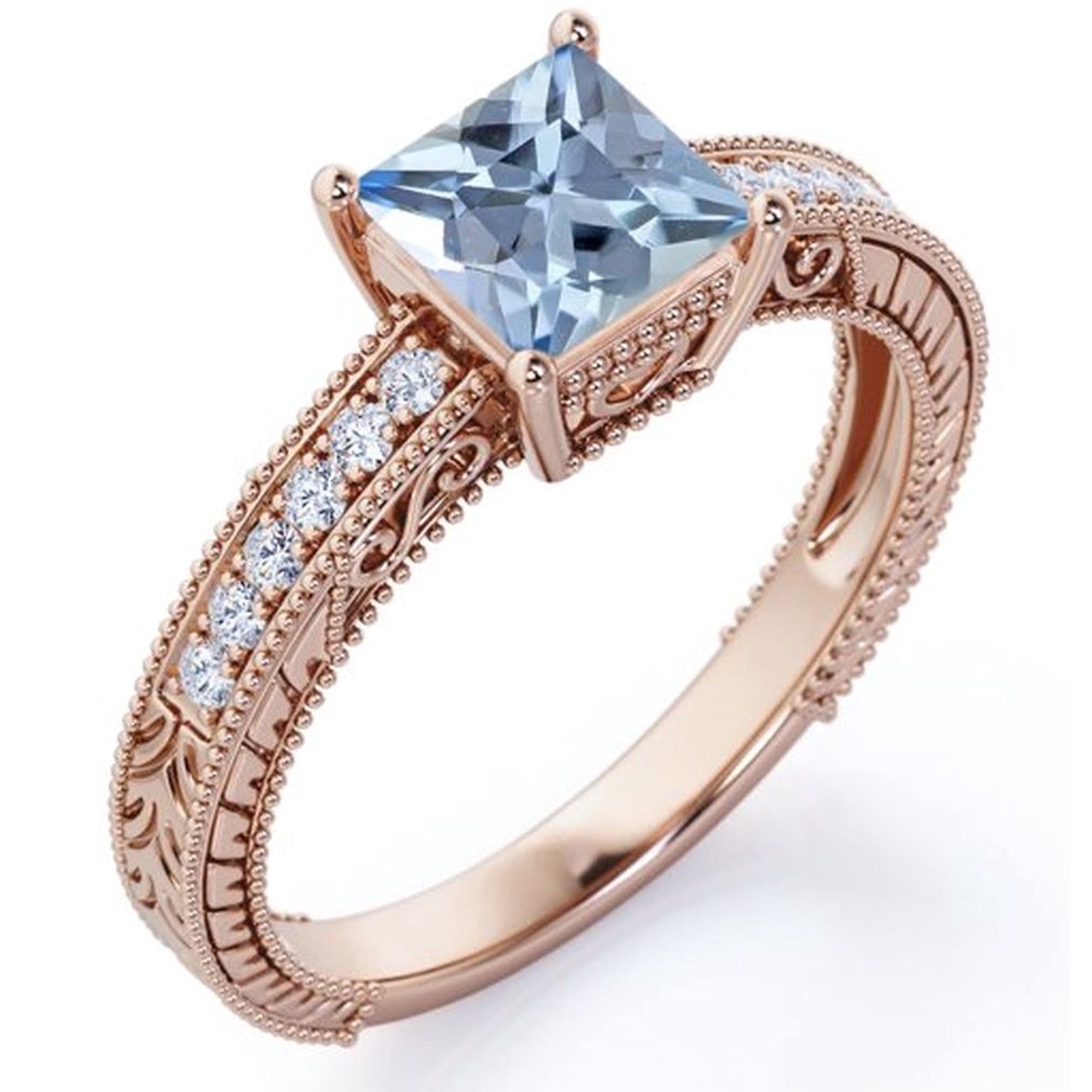 JeenMata Four Prong Cathedral - 1 Carat Princess Cut Created Aquamarine and Moissanite - Milgrain Border - Victorian Pave Engagement Ring - 18K Rose Gold Plating over Silver