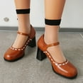thumbnail image 6 of hopeusnice Women's Mary Jane Shoes Block Heel Buckle Closure Stitching Faux Leather Comfortable Dress Pumps Wedding Party Shoes Brown 36, 6 of 7