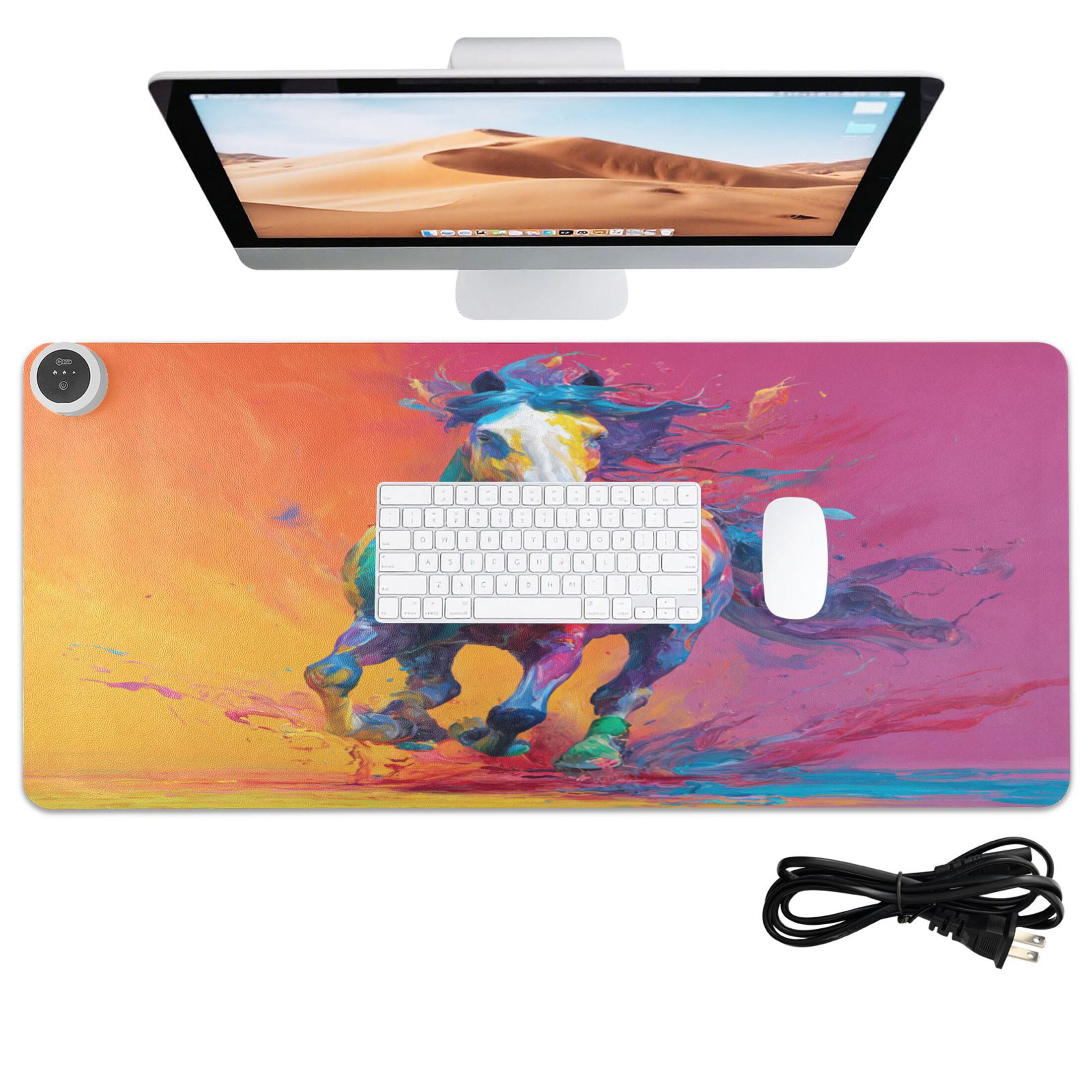 Large Heated Desk Mat Mouse Pad 31.5"x13"PU Leather Graphene Heating Desk Warmer with 3 Temperature Settings 110V US Plug Non-Slip Warm Pad for Home, Office, and Gaming Dynamic Paint Drip Horse