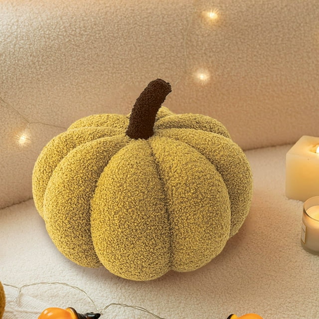Peluche de Calabaza de Viento, Almohada de Lana de Cordero, Muñeco Decorativo de Halloween | Tela Amarilla Aterciopelada | 35 Cm | 1 Unidad