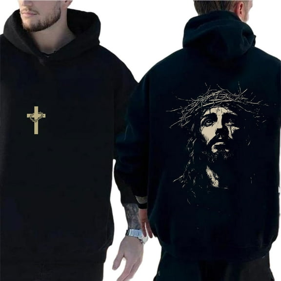 Jesus Crown of Thorns Double-Sided Christian Unises Pullover Hoodie, Faith-Based Religious Hooded Sweatshirt for Men and Women, Sizes S–5XL