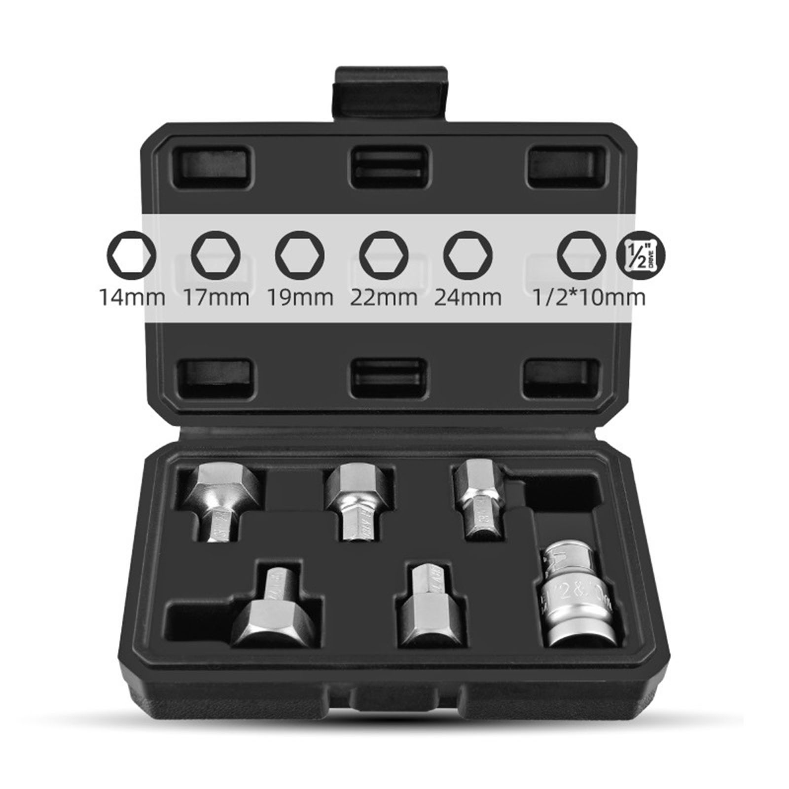 6-Piece Hex Bit Socket Set 14/17/19/22/24mm 1/2-inchx10mm for Electric Wrench Chromium- Vanadium Alloy Steel Repair