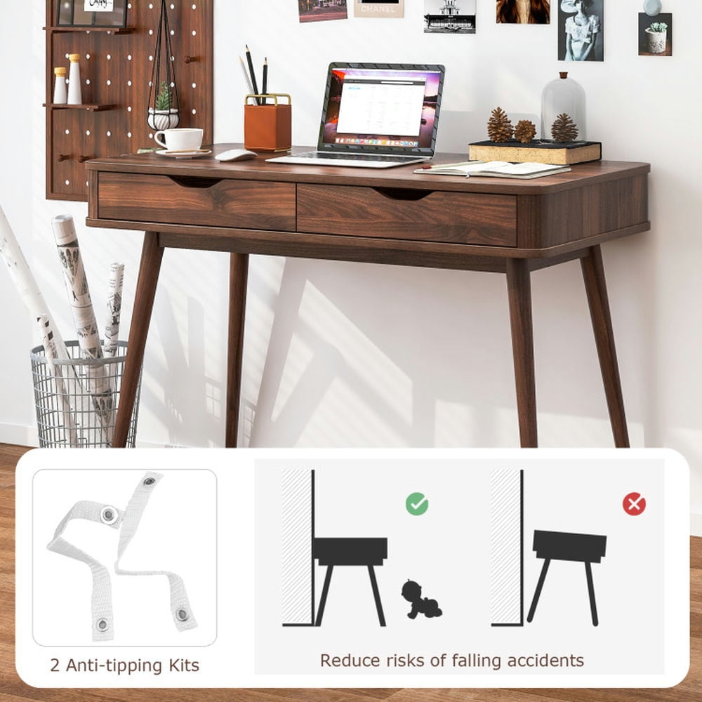 Demi Bonn 43.5" Computer Desk with 2 Drawers for Small Spaces, Home Office Desk Study Writing Table, Brown