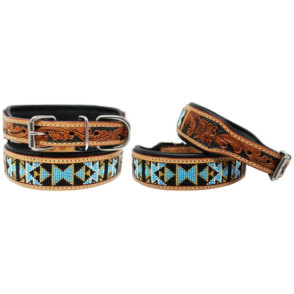 Large 21''- 25'' Hand Tooled Beaded Padded Leather Dog Collar  60125