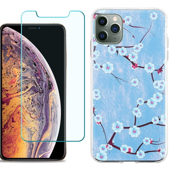 For Apple iPhone 11 Pro Max Phone Case , Slim-Fit TPU Case with Tempered Glass Screen Protector, by OneToughShield ® - Blossom Sky