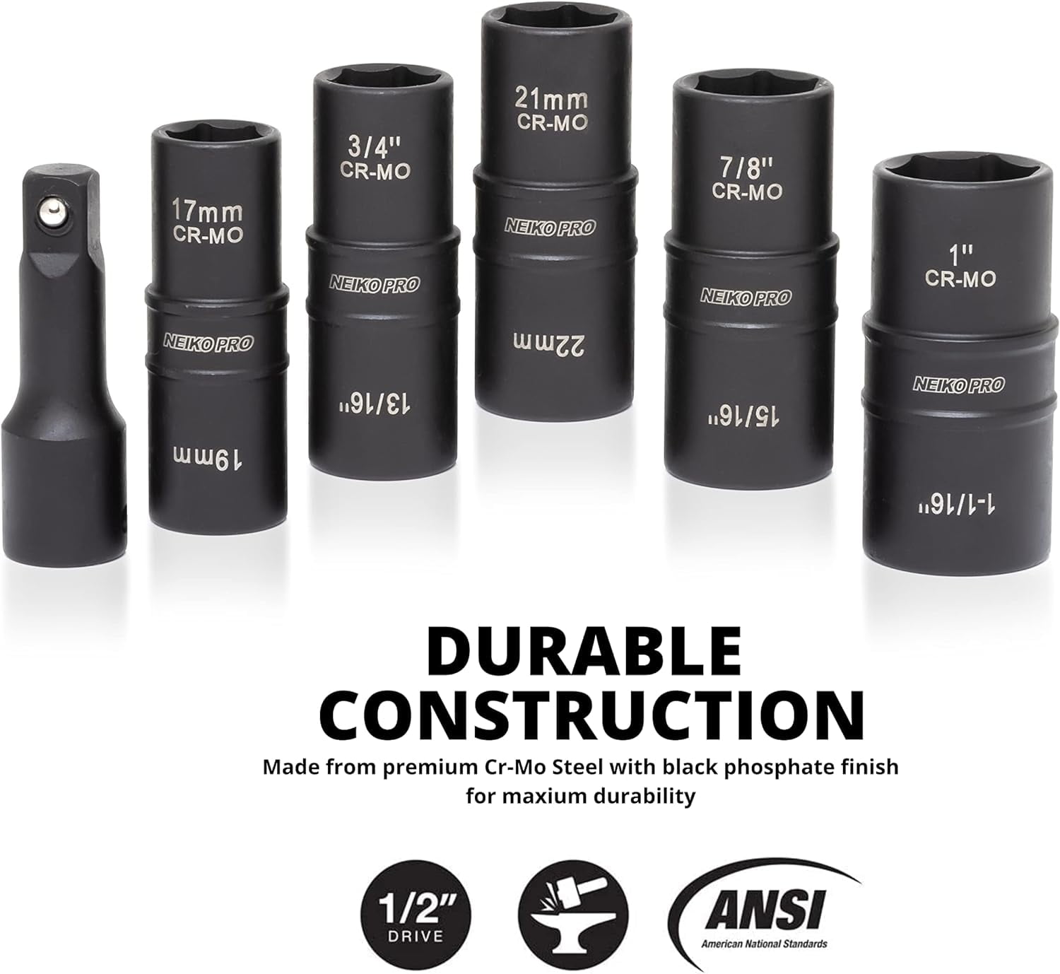 NEIKO 02287B 6-Pc 1/2-Inch-Drive Impact Socket Set, 10 SAE & Metric Sizes, Thin Wall Wheel Lug Nut Socket Set, Cr-Mo, 3-Inch Extension Bar, 6-Point, 19 & 21mm Sockets