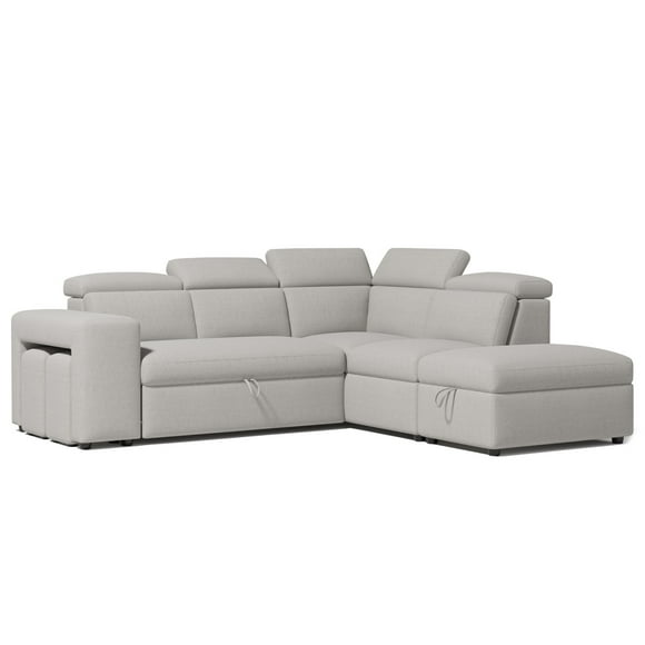 VALENCIA THEATER SEATING Finn Fabric Sectional Sofa Bed with Right Hand Storage, Light Grey and Adjustable Headrest