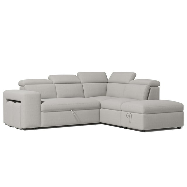 VALENCIA THEATER SEATING Finn Fabric Sectional Sofa Bed with Right Hand Storage, Light Grey and Adjustable Headrest