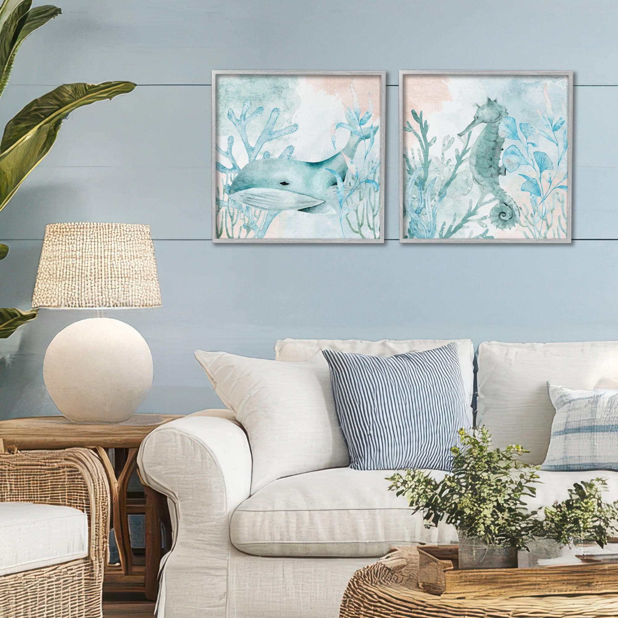 Stupell Industries Whale & Seahorse Sea Swim 2 Piece Gray Framed Giclee Art Set, design by Kim Allen