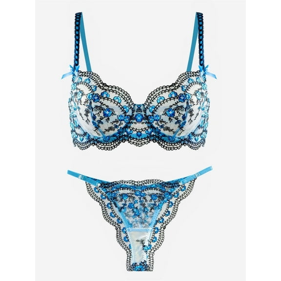 Blossom Delights Embroidery Lingerie Set (BLUE, S)