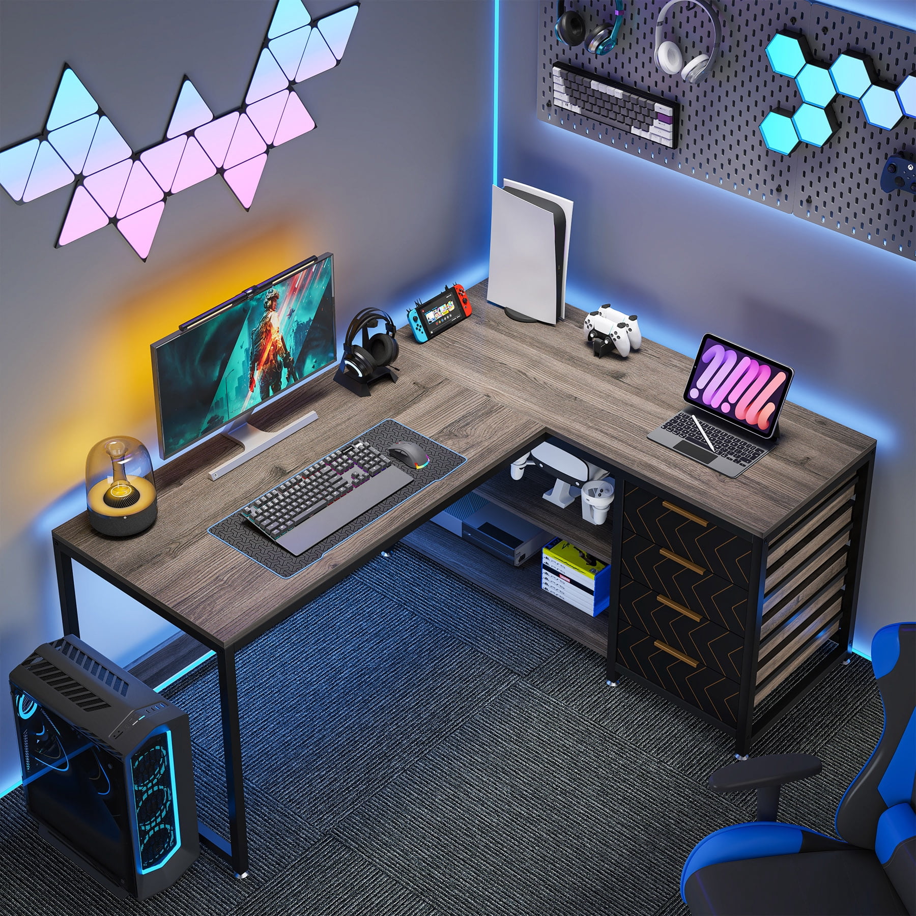 Tribesigns L-shaped Computer Desk, 59 inch Corner Desk with Drawers and Storage Shelves, Reversible Writing Study Table for Home Office, Grey