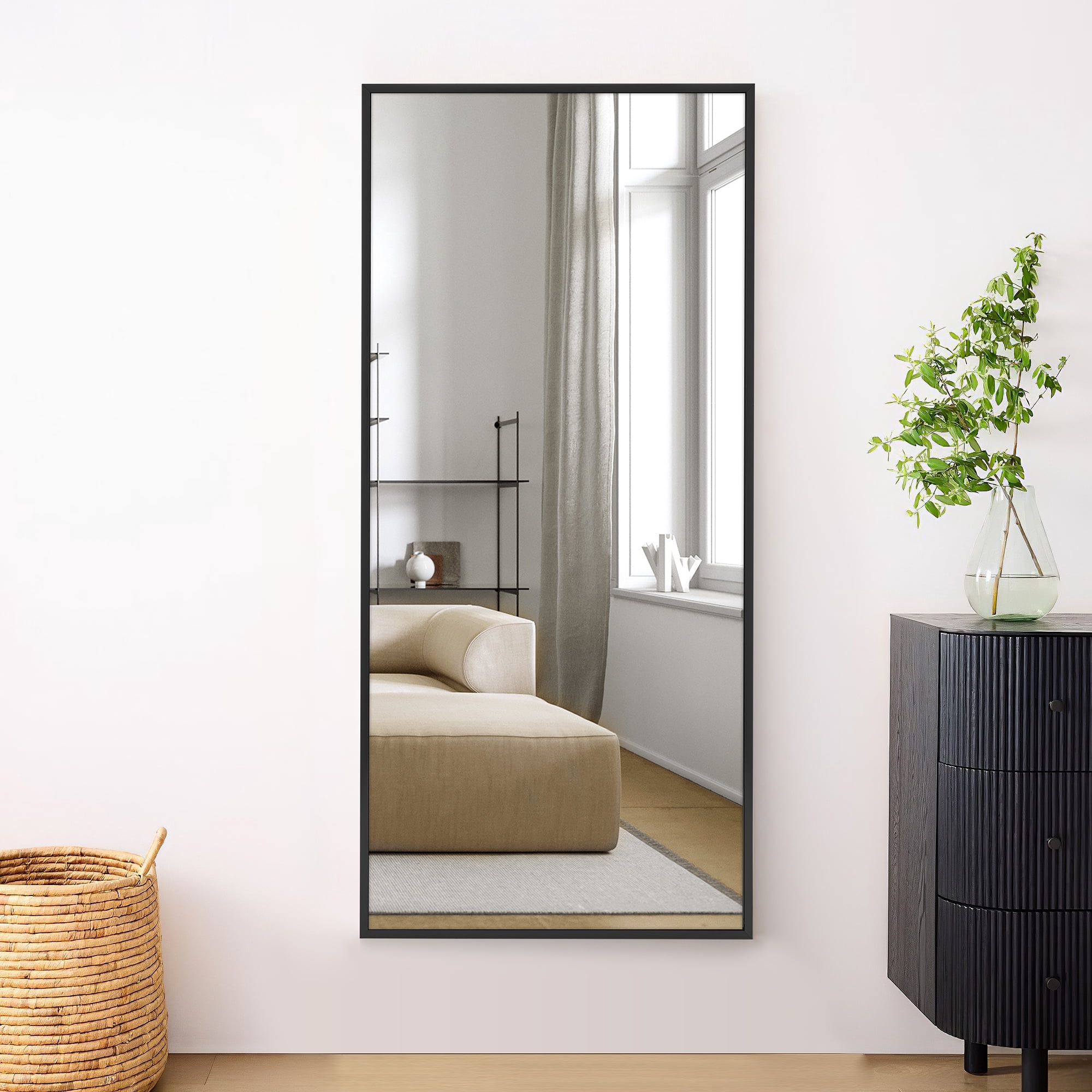 Wall Mirror 47"x22" Large Mirror Wall-Mounted for Bedroom Bathroom Living Room Aluminum Alloy,Black,no Stand
