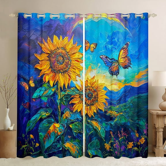 Homewish Blue Orange Sunflower Black Out Curtains, Dreamy Rustic Butterfly Curtains Pack of 2 (42x63 Each), Vintage Oil Printing Bedroom Curtains, Window Curtains Bedroom Decor
