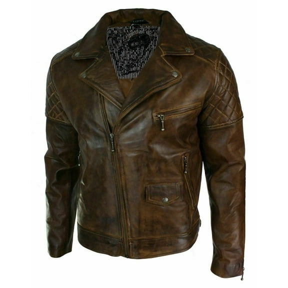 NOORA Mens Vintage Real Leather Biker Jacket Cross Zip Retro Style All Size