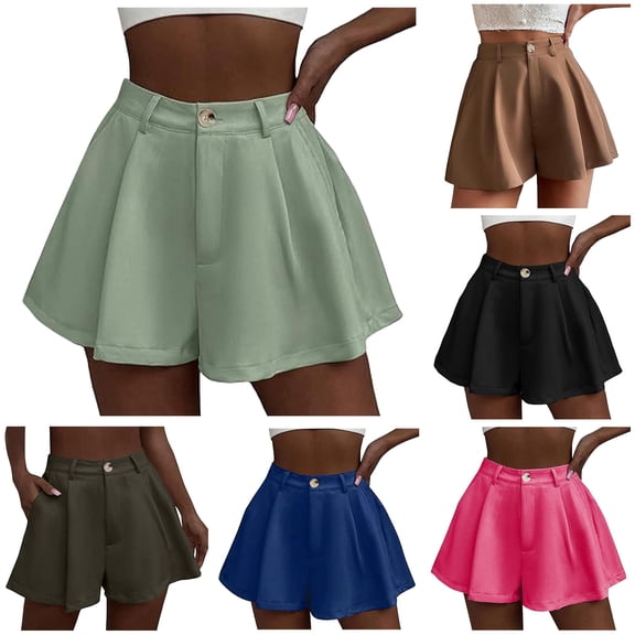 CAIVO Women Stretchy High Waisted Pleated Wide Leg Shorts With Pockets Holiday Summer Outdoor Leisure Casual Solid Color Bottoms
