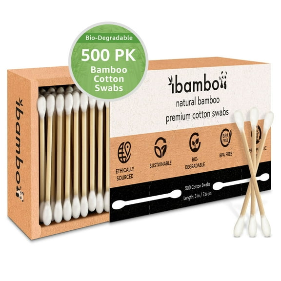 Ibambo Bamboo Wooden Cotton Swabs for Ear, Personal & Beauty Products, Double Tip, 3" Long, 500 Pack