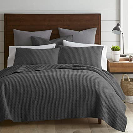 Levtex Home - Cross Stitch Quilt Set - 100% Cotton - King Quilt (106x92in.)  + 2 King Shams (36x20in.) - Charcoal