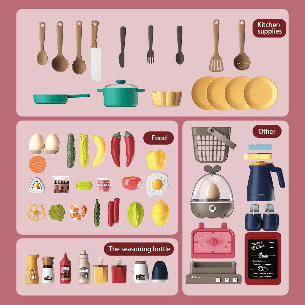 PayUSD Play Kitchen Set for Kids, 63 PCS 33Inch Pretend Play Food Toys Kitchen Set with Realistic Sounds & Lights, Play Sink, Simulation of Spray Kitchen Toys for Toddlers Girls Boys Gift, Pink