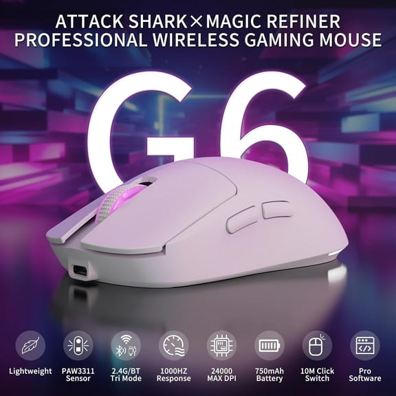 ATTACK SHARK×Magic-Refiner G6 Wireless Gaming Mouse Tri-Modes Connection 2.4G/BT/USB-C 24000 DPI 1000Hz Polling Rate with Anti-Slip Grips,750mAh Battery Gaming Mice for Laptop/PC/Mac Gamer