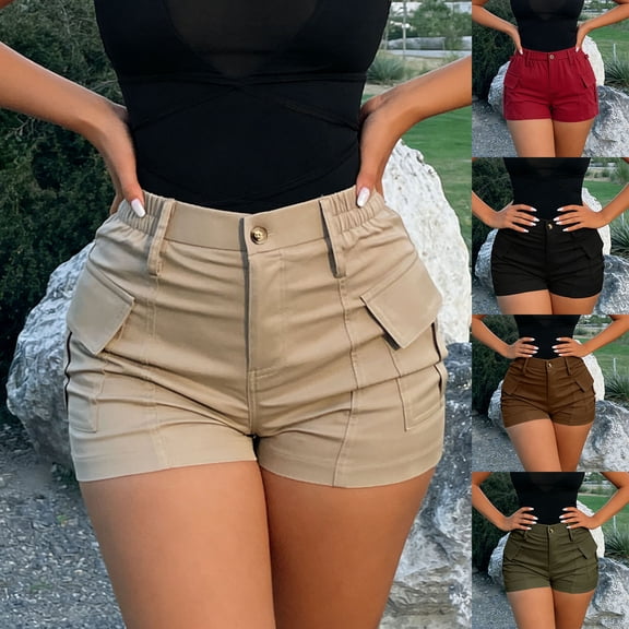 Kinrui Womens Casual High Waist Cargo Shorts with Pockets Summer Button Short 3" Slim Fit Hot Pants Black M