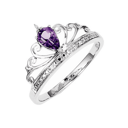 - 925 Sterling Silver Princess Tiara Pear Cut Amethyst and Diamond Crown Ring