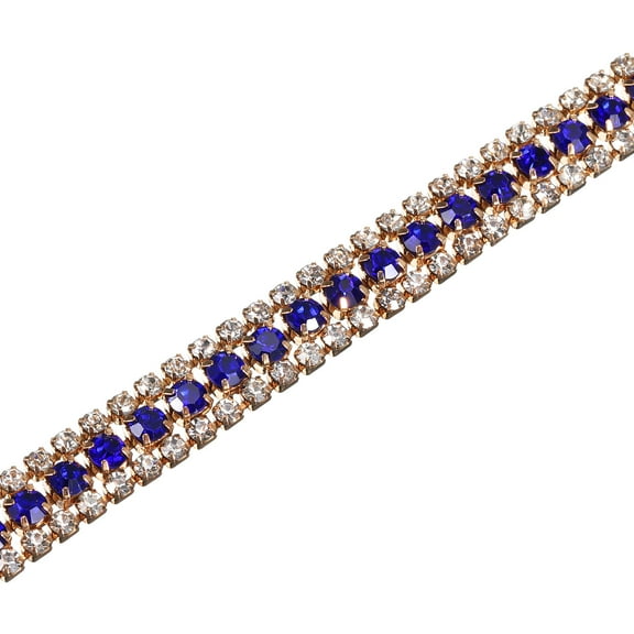 2 Yards 3 Rows Rhinestone Chain, 8.5mm Crystal Close Claw Chain Trim (Gold, Sapphire Blue/White)